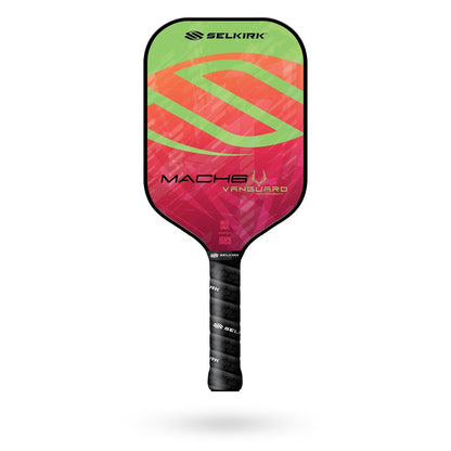 A Selkirk pickleball paddle with a green, red, and black design, labeled "Selkirk Vanguard Mach6 Pickleball Paddle," perfect for tennis players transitioning to pickleball or those who excel with a two-handed backhand.