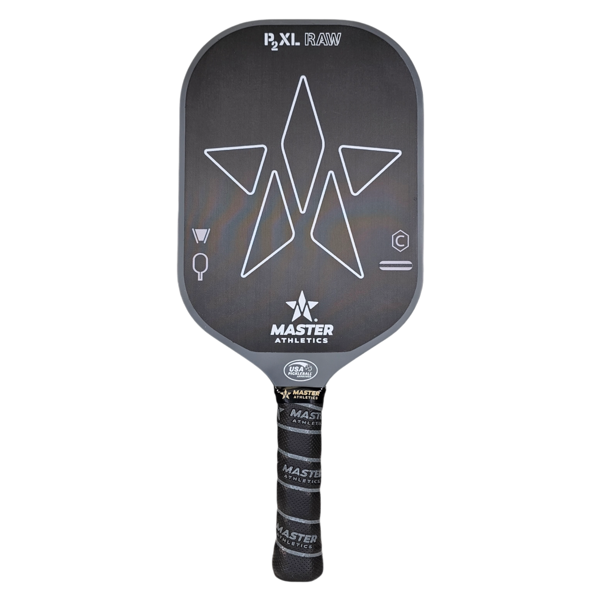 A Master Athletics P2XL RAW Carbon Fiber 14mm pickleball paddle, featuring geometric designs, a black finish, and the brand logo. The handle is wrapped in black tape.