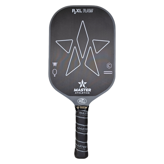 A Master Athletics P2XL RAW Carbon Fiber 14mm pickleball paddle, featuring geometric designs, a black finish, and the brand logo. The handle is wrapped in black tape.