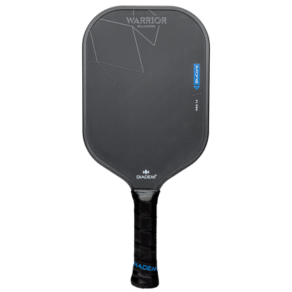 The Diadem Warrior BluCore Pro Elongated 14mm Pickleball Paddle features a black textured face, geometric accents, a wrapped handle, and blue branding for a sleek, professional look.