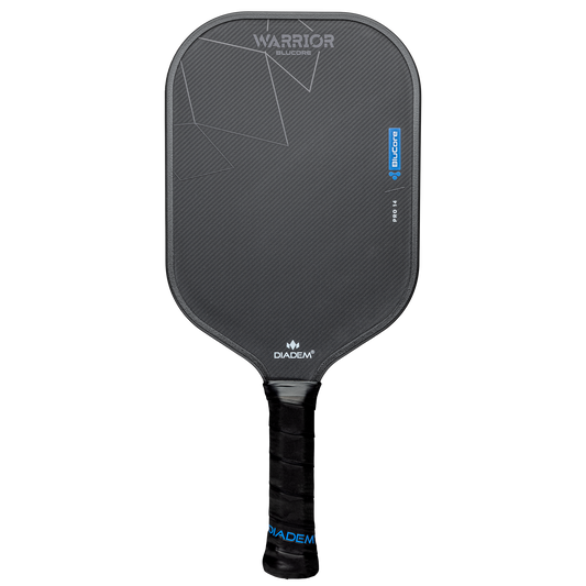 The Diadem Warrior BluCore Pro Elongated 14mm Pickleball Paddle features a black textured face, geometric accents, a wrapped handle, and blue branding for a sleek, professional look.