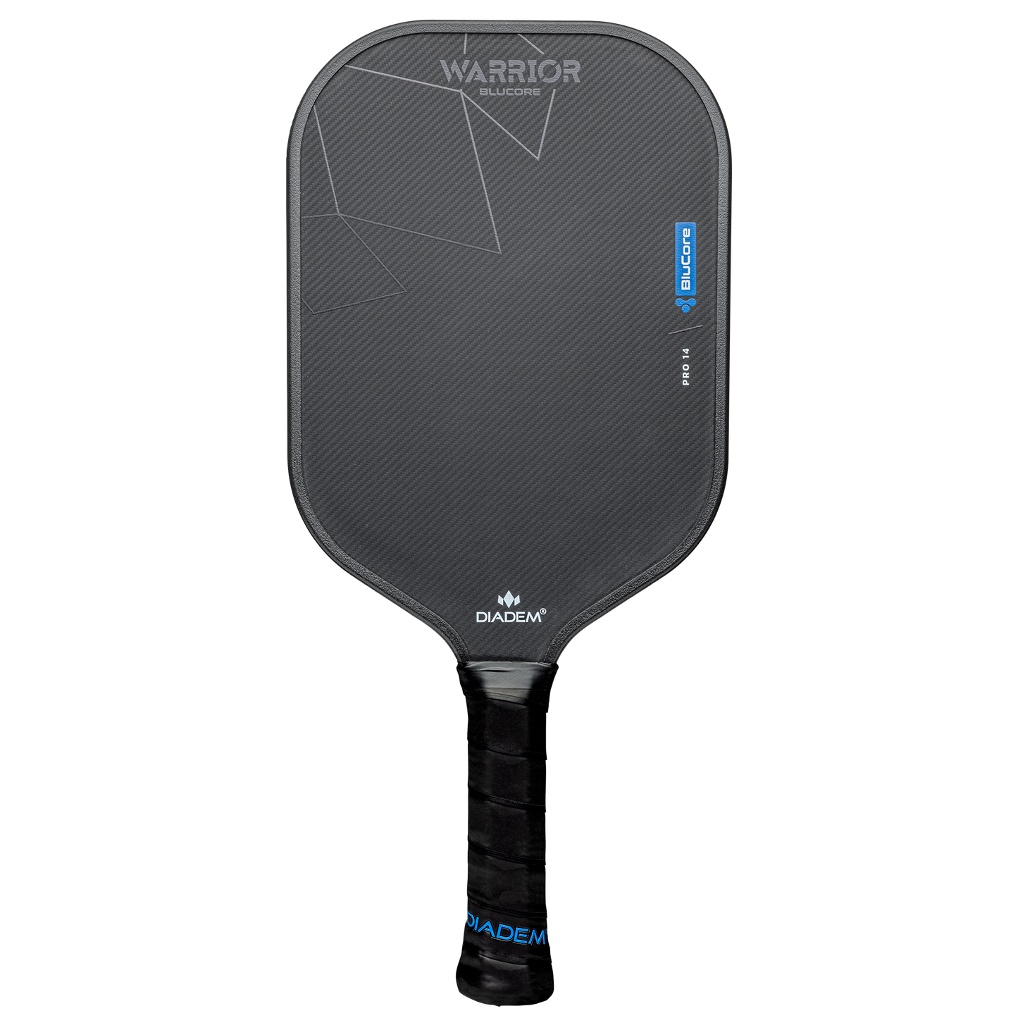 The image shows a Diadem Warrior BluCore Pro Elongated 19mm Pickleball Paddle with a textured surface, geometric design, and wrapped handle, set against a plain white background.