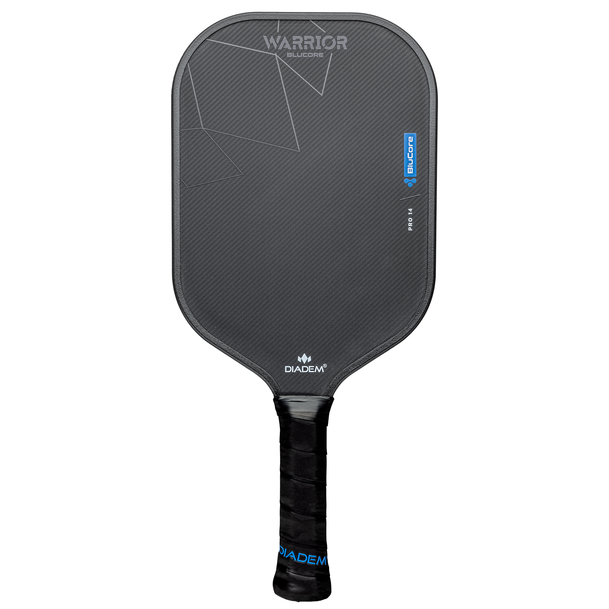 Product description: The Diadem Warrior BluCore Pro Elongated 16mm Pickleball Paddle by Diadem features geometric patterns on its black face and a wrapped black handle, displayed against a plain white background.