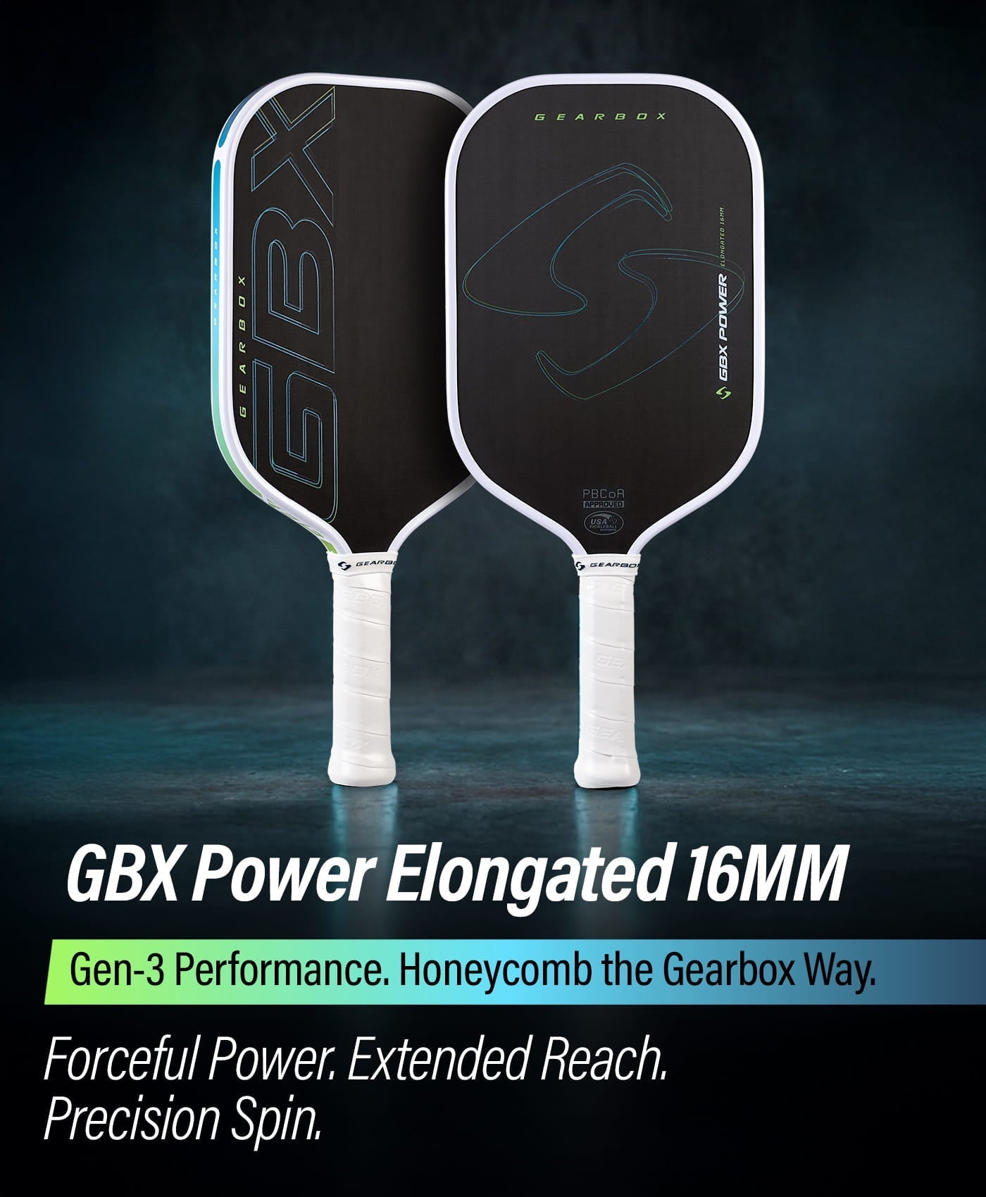 Two black Gearbox Sports GBX Power Elongated - 16mm Gen-3 Honeycomb pickleball paddles with white handles stand upright against a dark background, showing branding and premium carbon fiber faces for enhanced play.