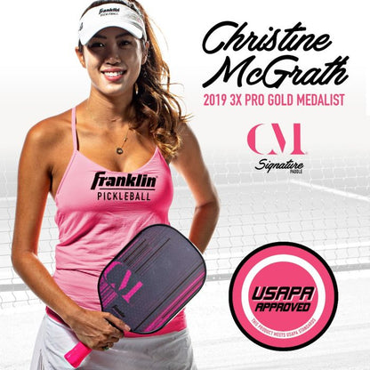 Female athlete in pink sports attire holding a Franklin Christine McGrath Signature Pickleball Paddle, with text announcing Christine McGrath as a 3-time pro gold medalist from Pickleballist.