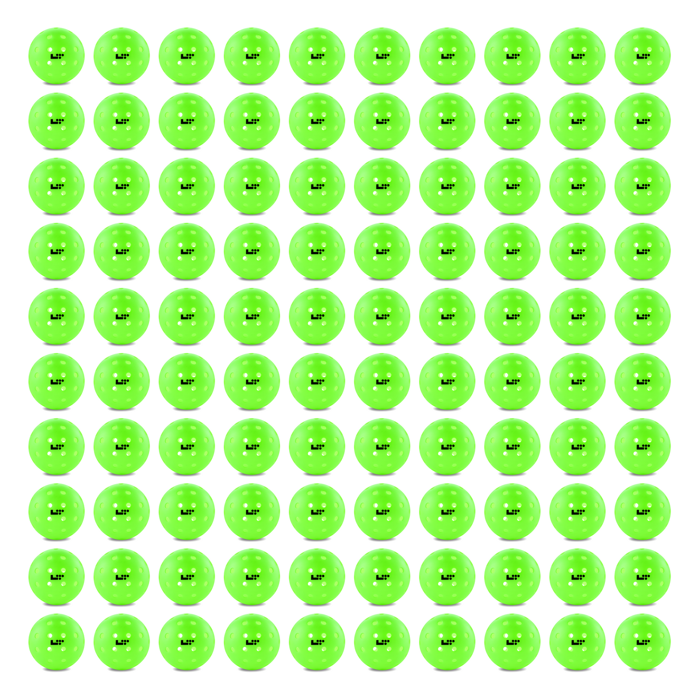 A product image displays a grid of 100 identical Life Time LT Pro 48 Pickleball Balls in bright green, each labeled "Life Time" in black text, arranged in 10 rows and 10 columns on a clean white background.