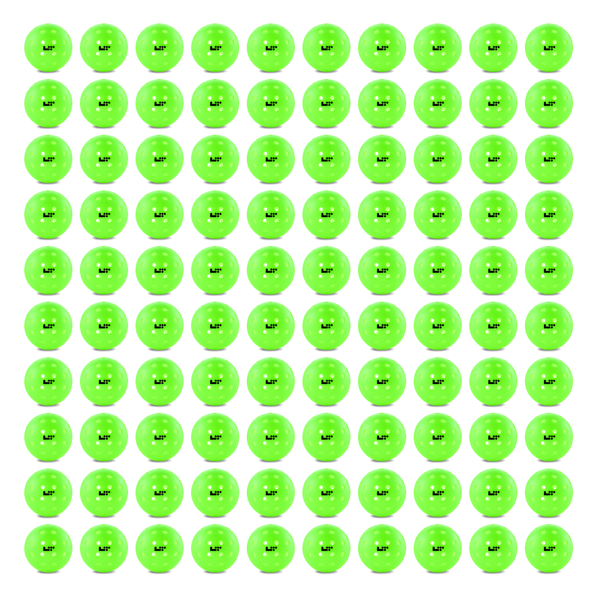 A product image displays a grid of 100 identical Life Time LT Pro 48 Pickleball Balls in bright green, each labeled "Life Time" in black text, arranged in 10 rows and 10 columns on a clean white background.