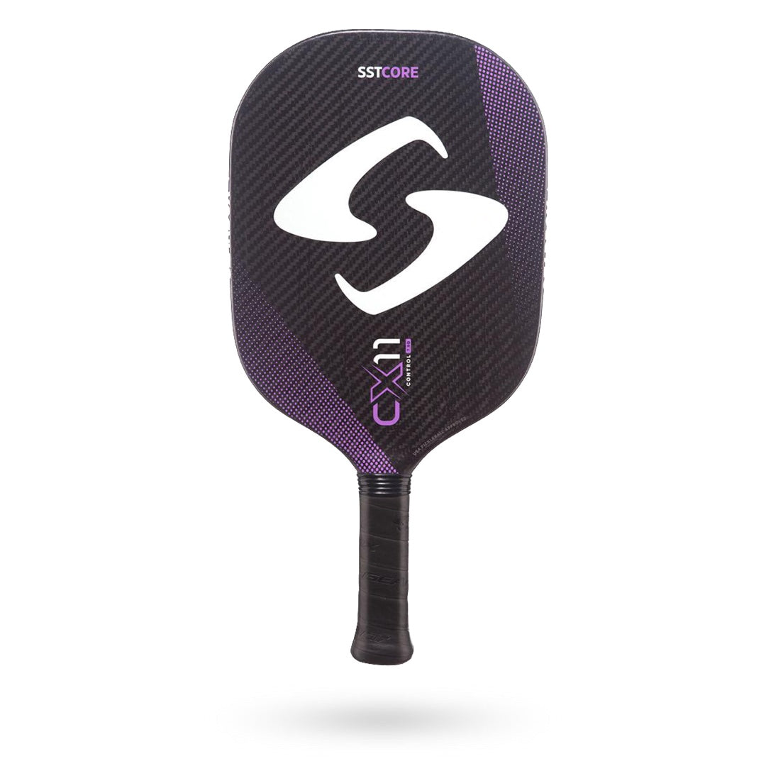 A Gearbox CX11 Quad Pickleball Paddle with a purple and black logo.