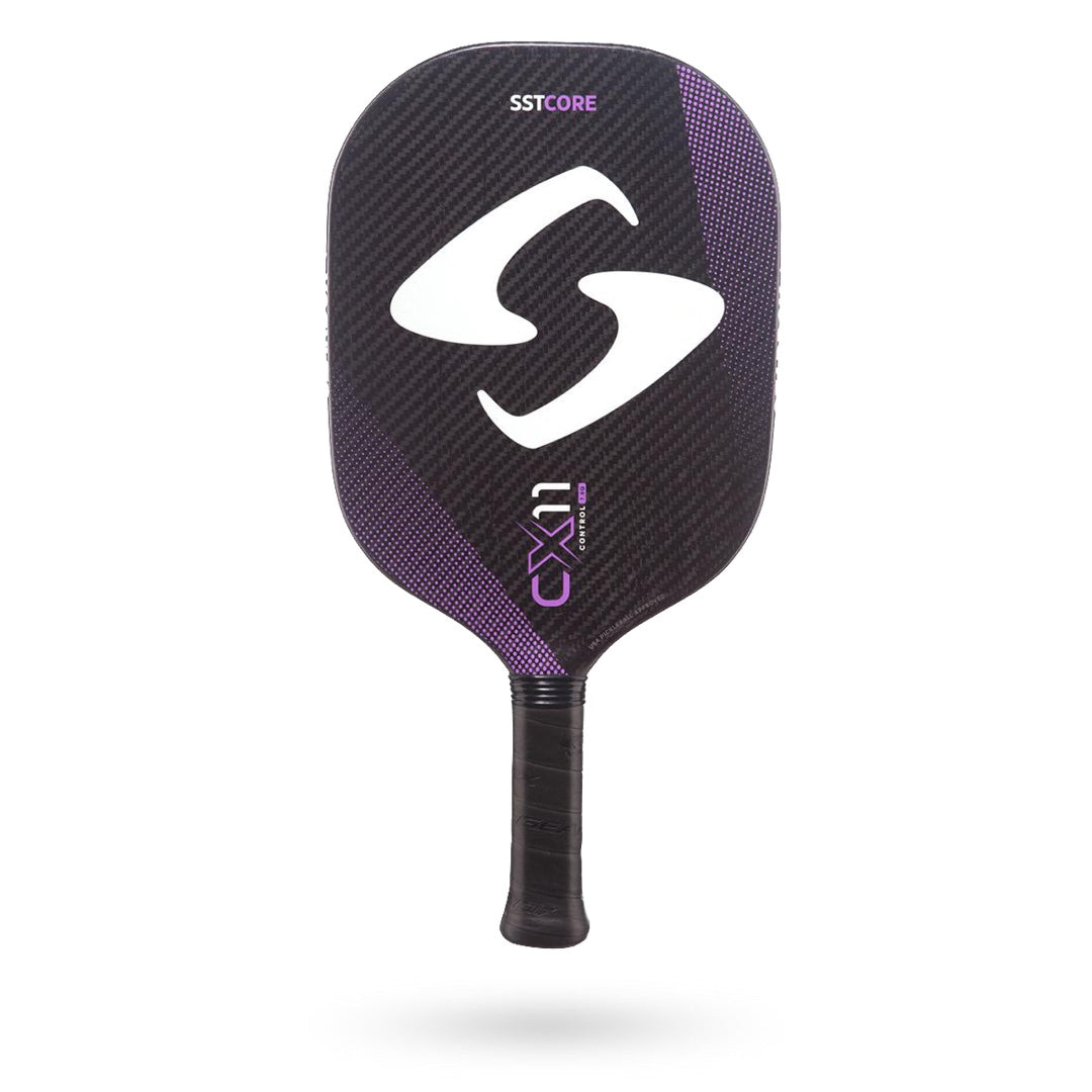 A Gearbox CX11 Quad Pickleball Paddle featuring a black and purple design, equipped with an SST ribbed core for enhanced performance and a black handle.