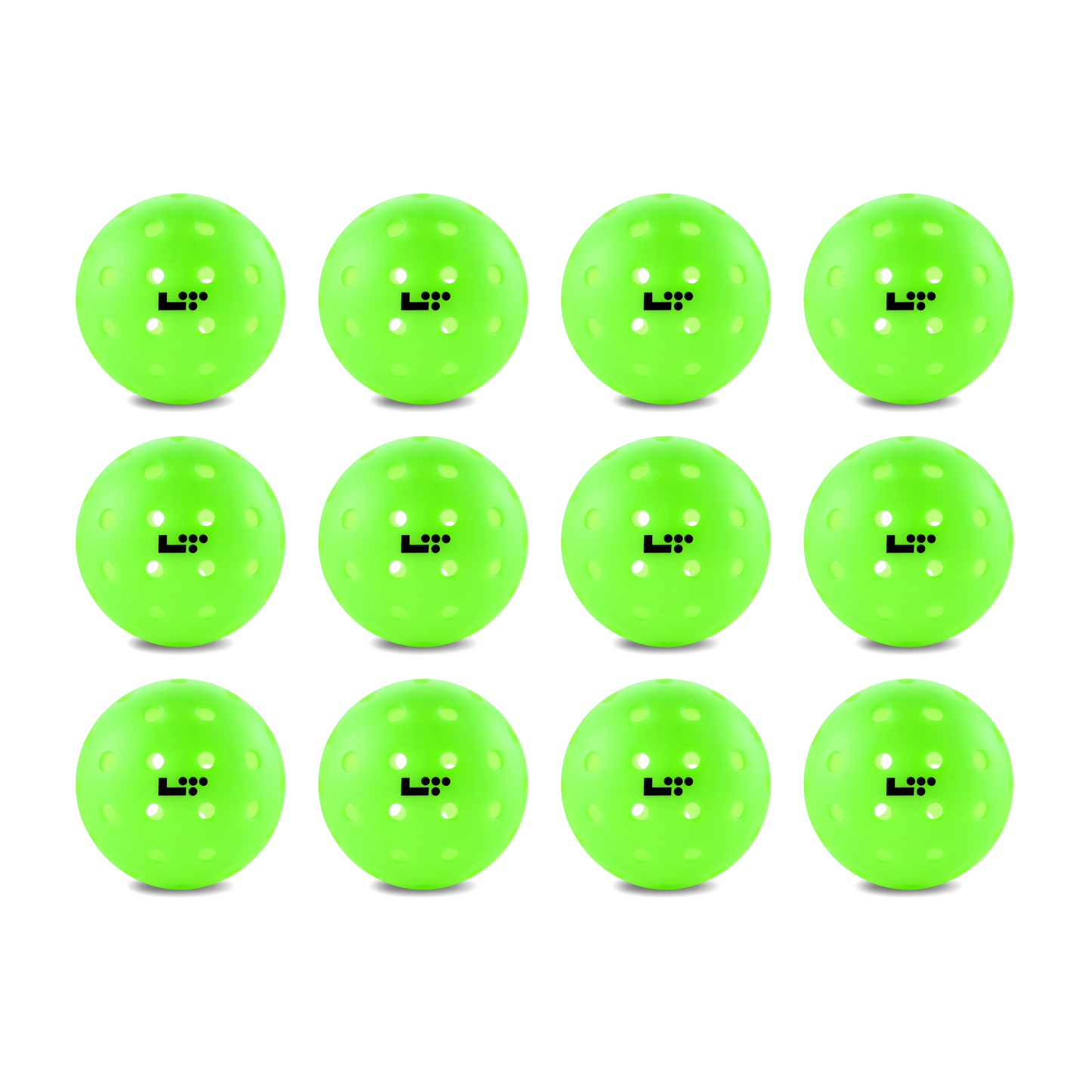 Twelve Life Time LT Pro 48 Pickleball Balls by Life Time, bright green with multiple holes and a black logo, are arranged in a 3x4 grid on a white background—ideal for showcasing your pickleball gear.