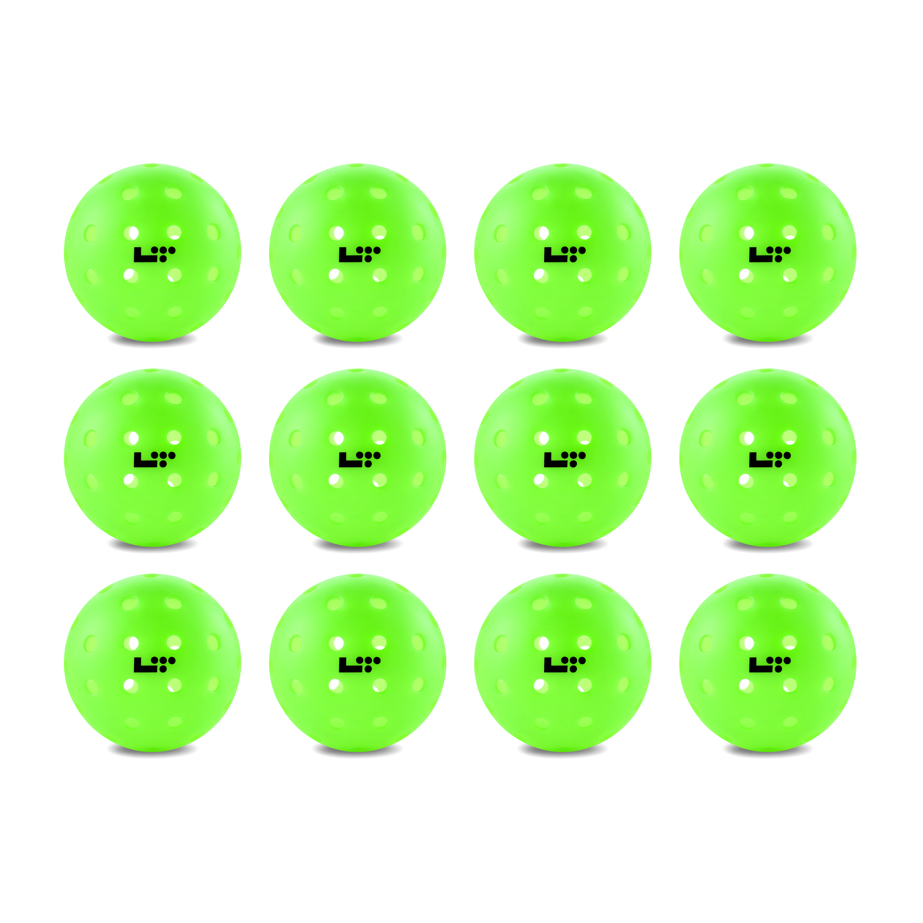 Twelve Life Time LT Pro 48 Pickleball Balls by Life Time, bright green with multiple holes and a black logo, are arranged in a 3x4 grid on a white background—ideal for showcasing your pickleball gear.