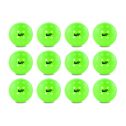 Twelve Life Time LT Pro 48 Pickleball Balls by Life Time, bright green with multiple holes and a black logo, are arranged in a 3x4 grid on a white background—ideal for showcasing your pickleball gear.