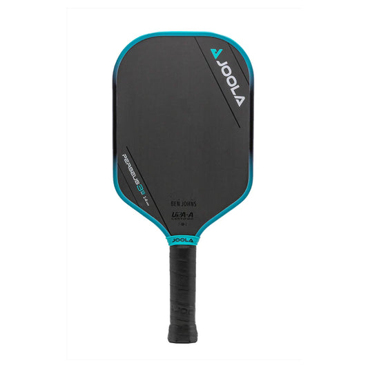 The JOOLA Ben Johns Perseus 3S 14mm Pickleball Paddle has a black surface, blue edges, and "JOOLA" branding. It includes a textured grip handle with technical details printed at the bottom.