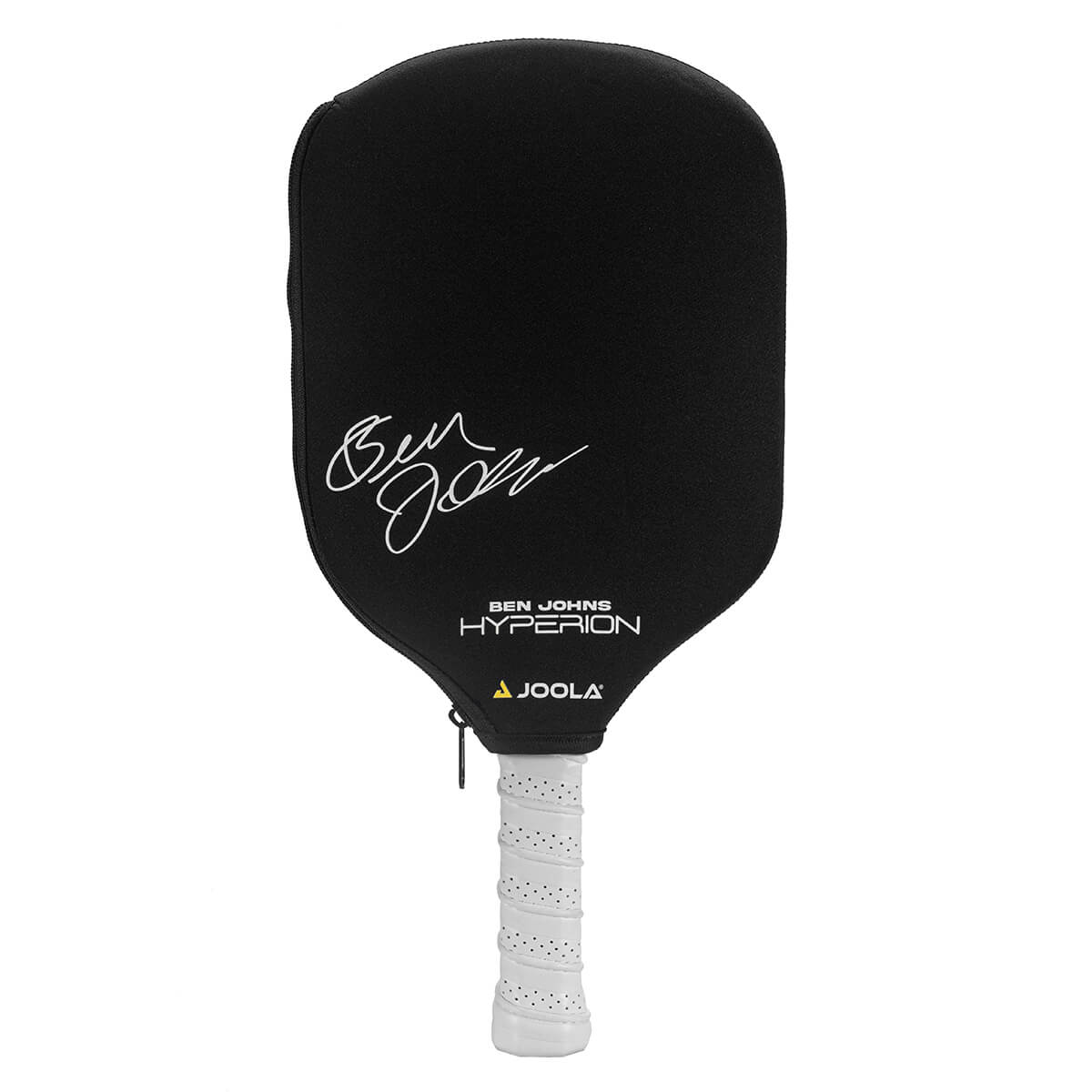 A black and white JOOLA Elongated Neoprene Sleeve Pickleball Paddle Cover with a signature on it.