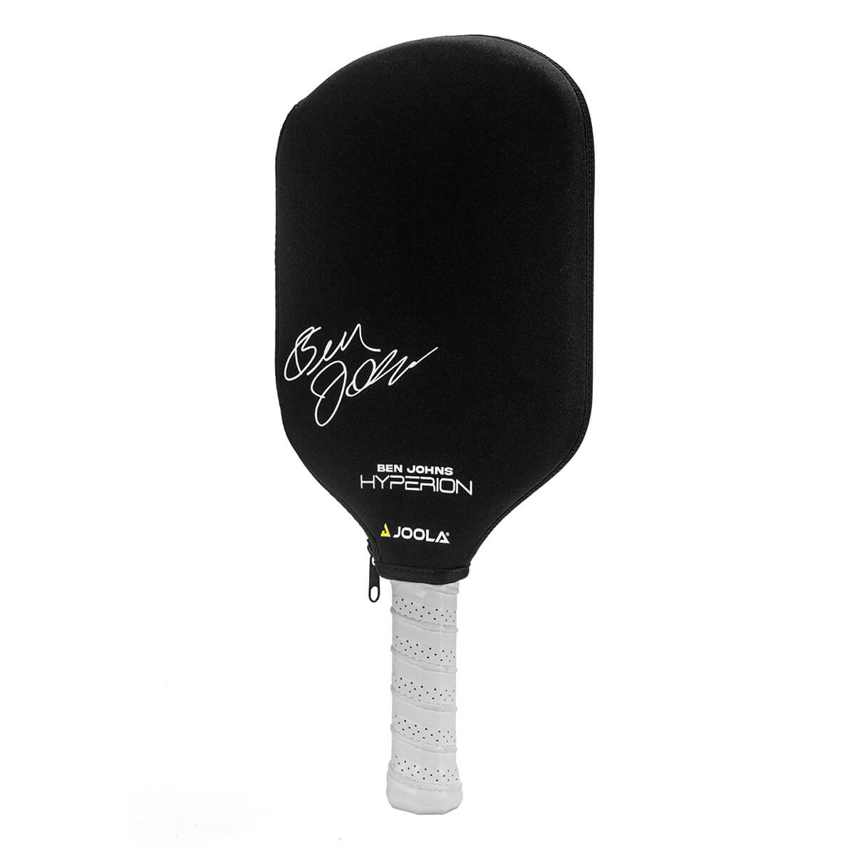 A black JOOLA Elongated Neoprene Sleeve Pickleball Paddle Cover with a signature on it.