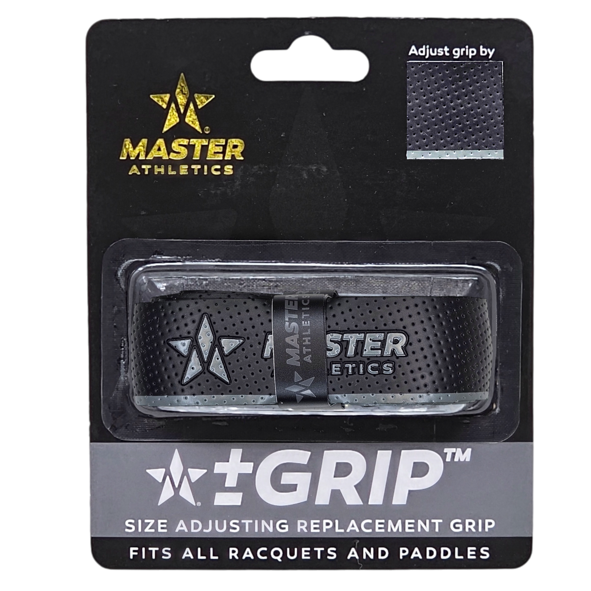 Packaging of Master Athletics +-Grip™. Text reads: "Size Adjusting Replacement Grip. Fits all racquets and paddles." Adjustability feature image shown.