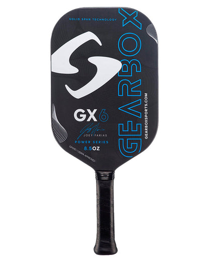 Pickleballist GX6 pickleball paddle featuring Solid Span Technology and a black and blue design, with brand logo and text on it.