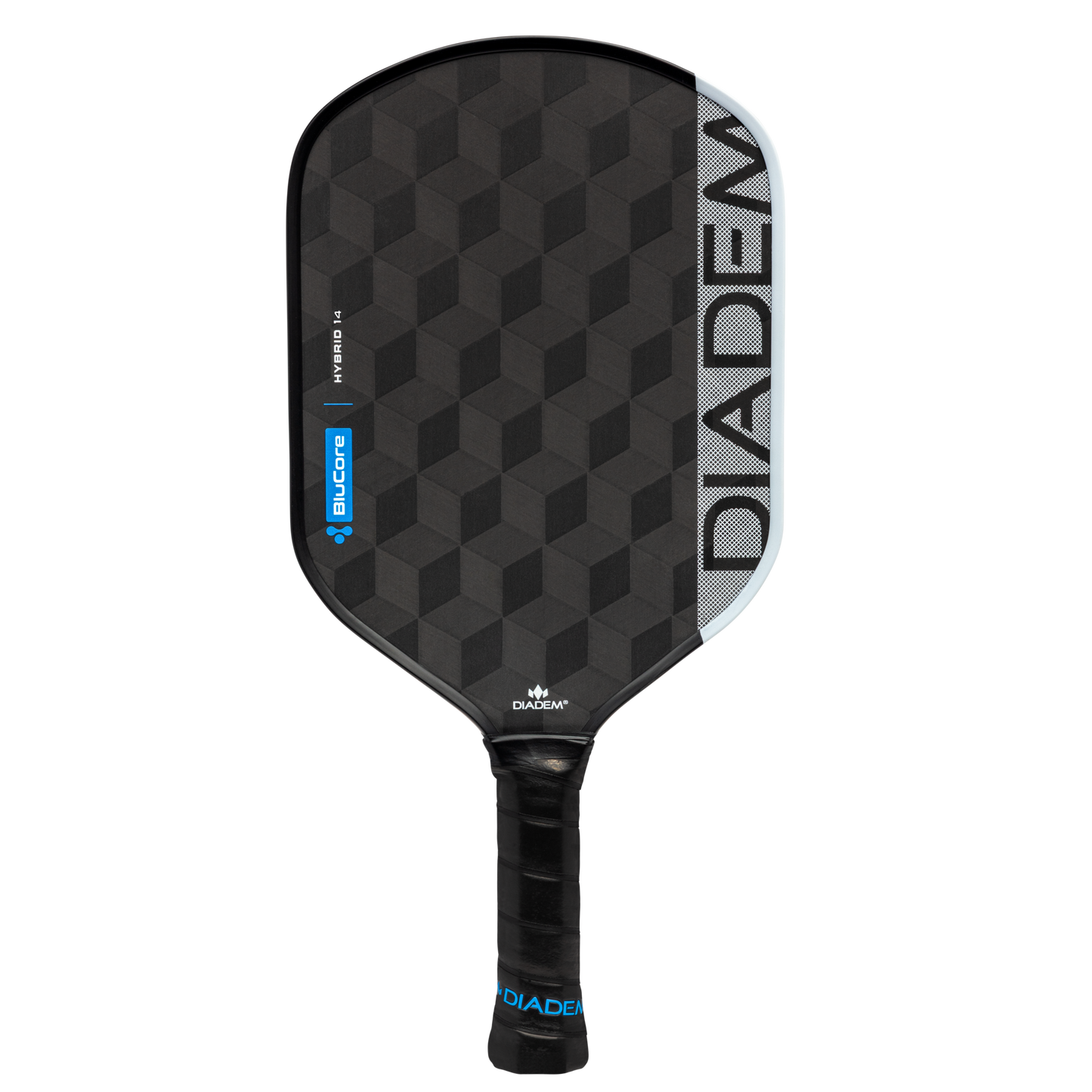 The Diadem Edge BluCore Hybrid 14mm Pickleball Paddle features a black design with geometric patterns, bold blue accents, and the Diadem logo along the right edge and handle.