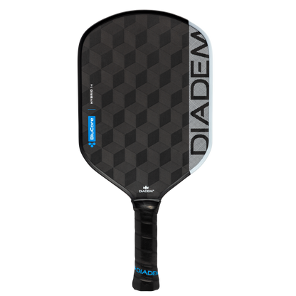 The Diadem Edge BluCore Hybrid 14mm Pickleball Paddle features a black design with geometric patterns, bold blue accents, and the Diadem logo along the right edge and handle.