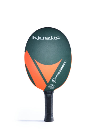 A Pickleballist ProKennex Kinetic Ovation Speed II pickleball paddle with Opti-Cell Core and a green and orange design on a white background.