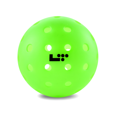 The Life Time LT Pro 48 Pickleball Ball by Life Time is a bright green perforated plastic ball with multiple holes and a black logo, perfect for sports or recreational use. Set against a white background, it suits any pickleball enthusiast.