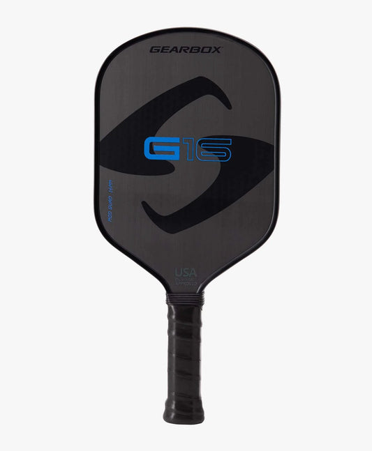 Gearbox G16 Quad 16mm Raw Carbon Fiber Pickleball Paddle with a blue logo and text, USA Pickleball approved.