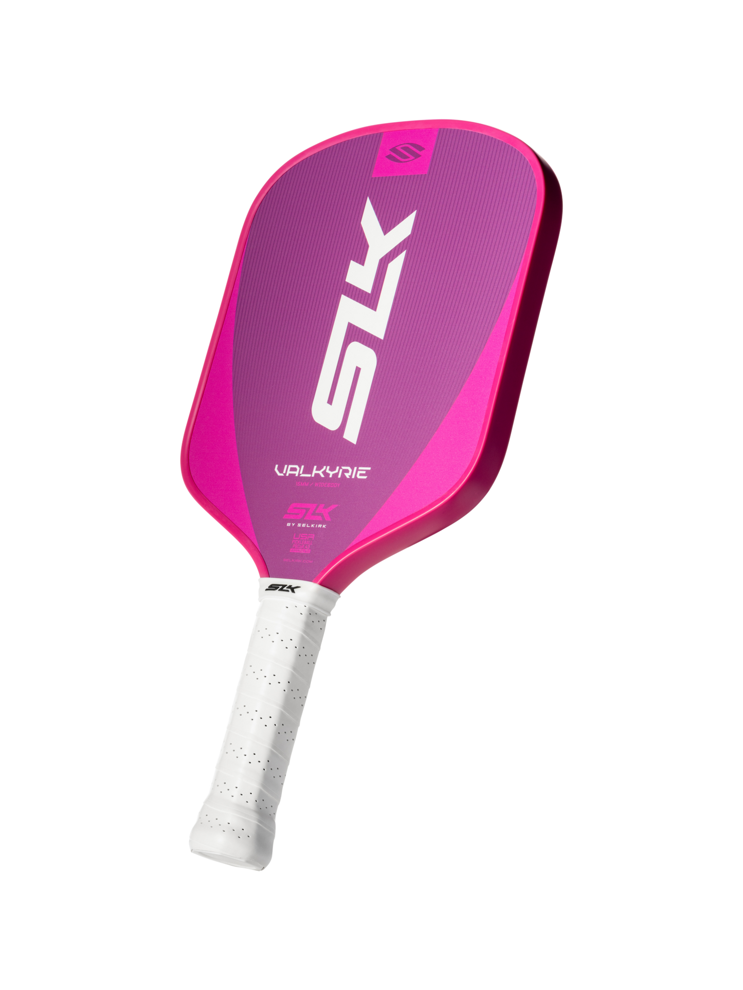 The Selkirk SLK Valkyrie Widebody 16mm Pickleball Paddle features a pink and purple design, white "SLK" branding, white grip, and "Valkyrie" on the face.