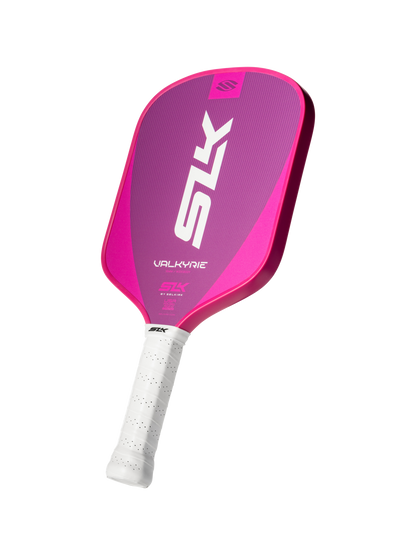 The Selkirk SLK Valkyrie Widebody 16mm Pickleball Paddle features a pink and purple design, white "SLK" branding, white grip, and "Valkyrie" on the face.