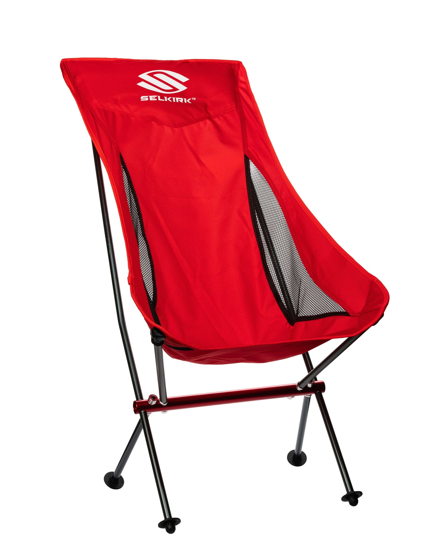 A red Selkirk Pickleball Court Chair, featuring a high backrest, black mesh side panels, and sturdy black metal legs.