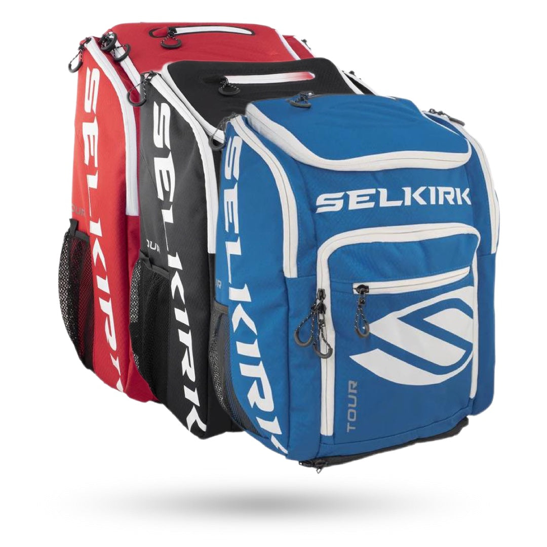 Two Pickleballist Selkirk Tour Backpack (2021) Pickleball Bags, one blue and one red, made from Polyfiber Performance material, standing upright with visible pockets and zippers.