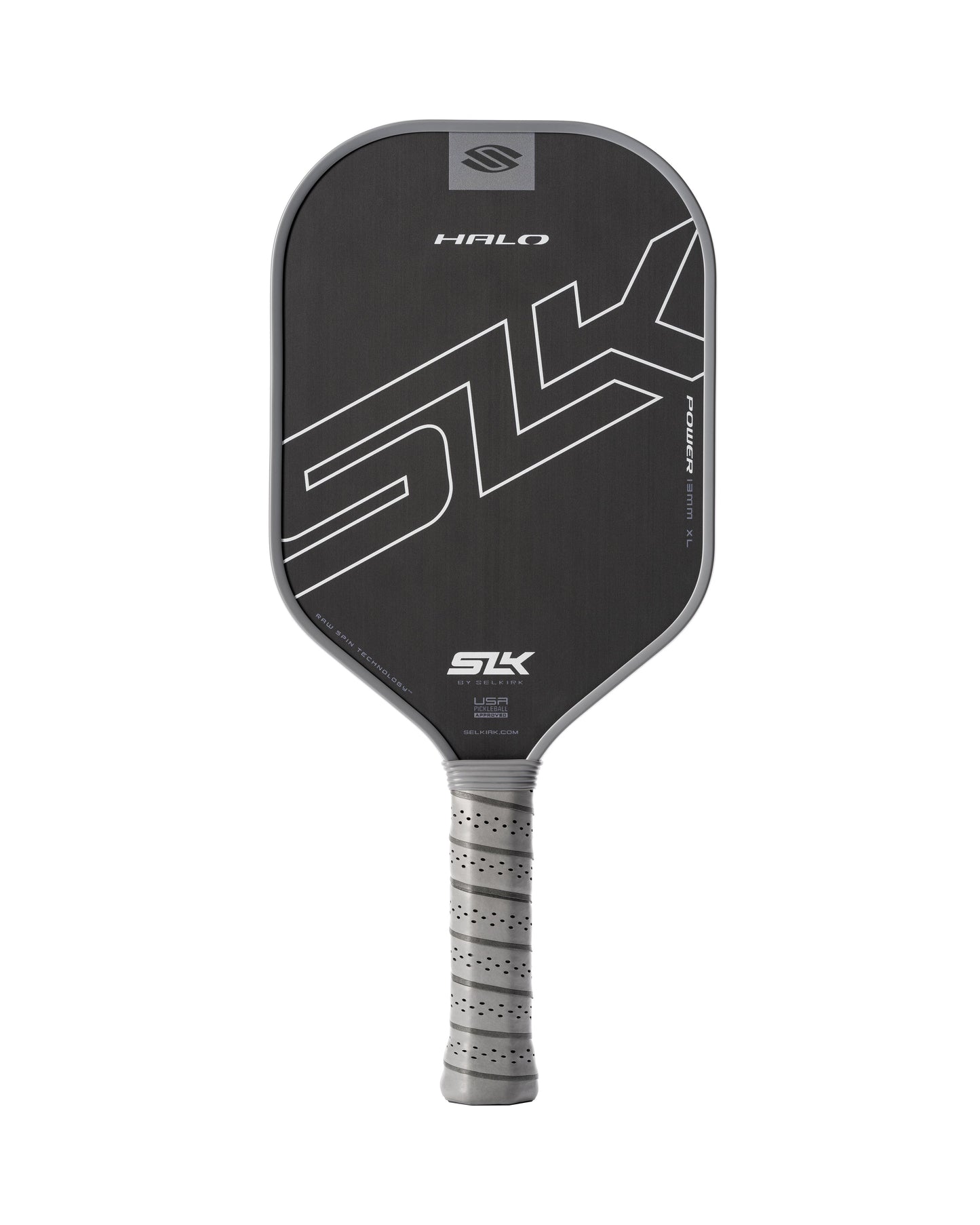 A black Selkirk SLK HALO XL Power 13mm pickleball paddle with a grey handle and white text.