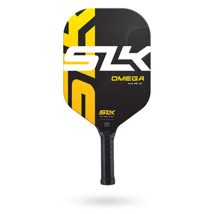 A Selkirk SLK Omega Max pickleball paddle with a black and yellow design featuring the Pickleballist logo.