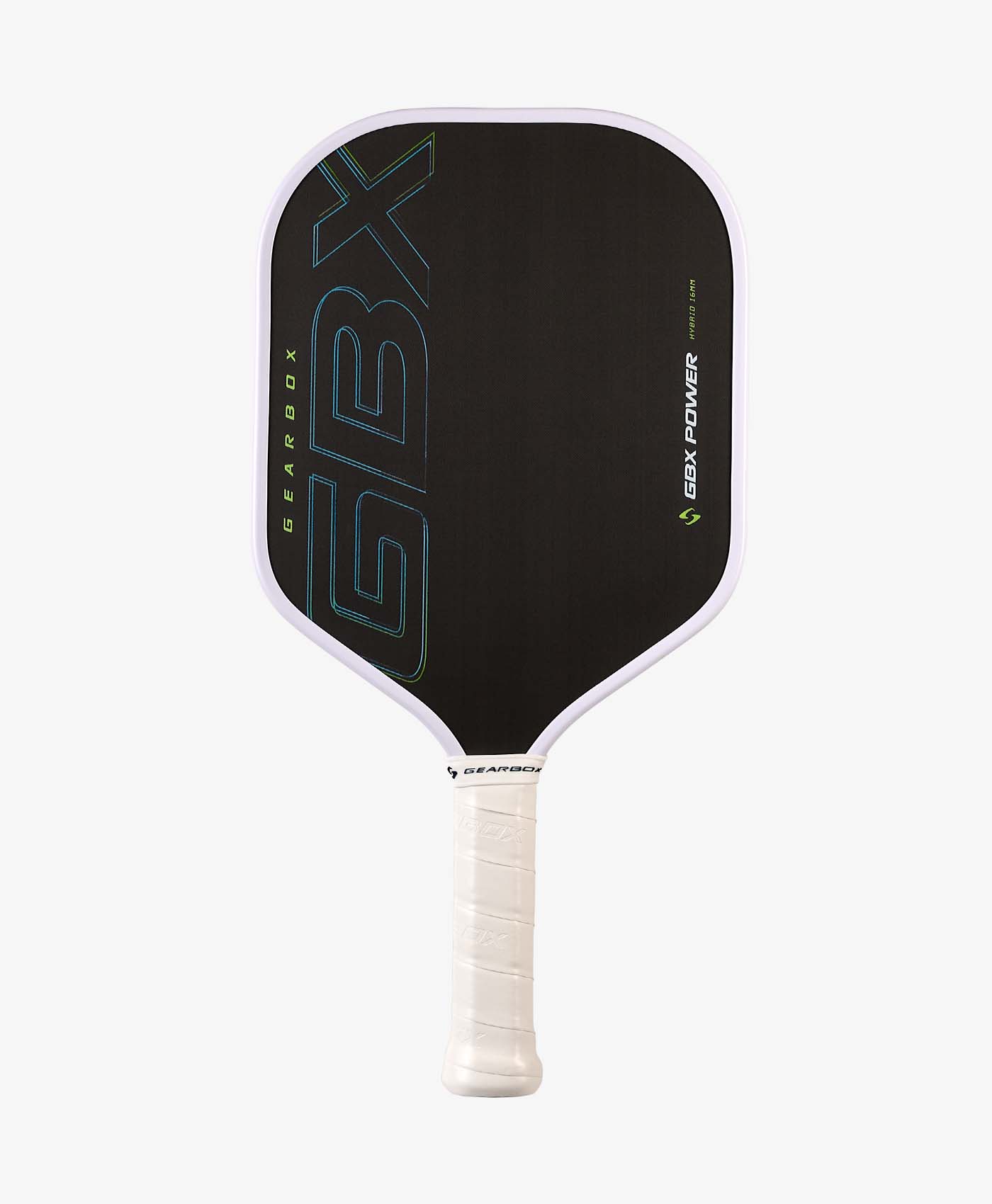 The Gearbox Sports GBX Power Hybrid - 16mm Gen-3 Honeycomb paddle features a black design with white edge and handle, blue-green accent text, the GBX logo, and a responsive honeycomb core for dynamic pickleball play.