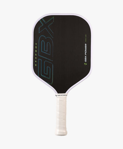The Gearbox Sports GBX Power Hybrid - 16mm Gen-3 Honeycomb paddle features a black design with white edge and handle, blue-green accent text, the GBX logo, and a responsive honeycomb core for dynamic pickleball play.