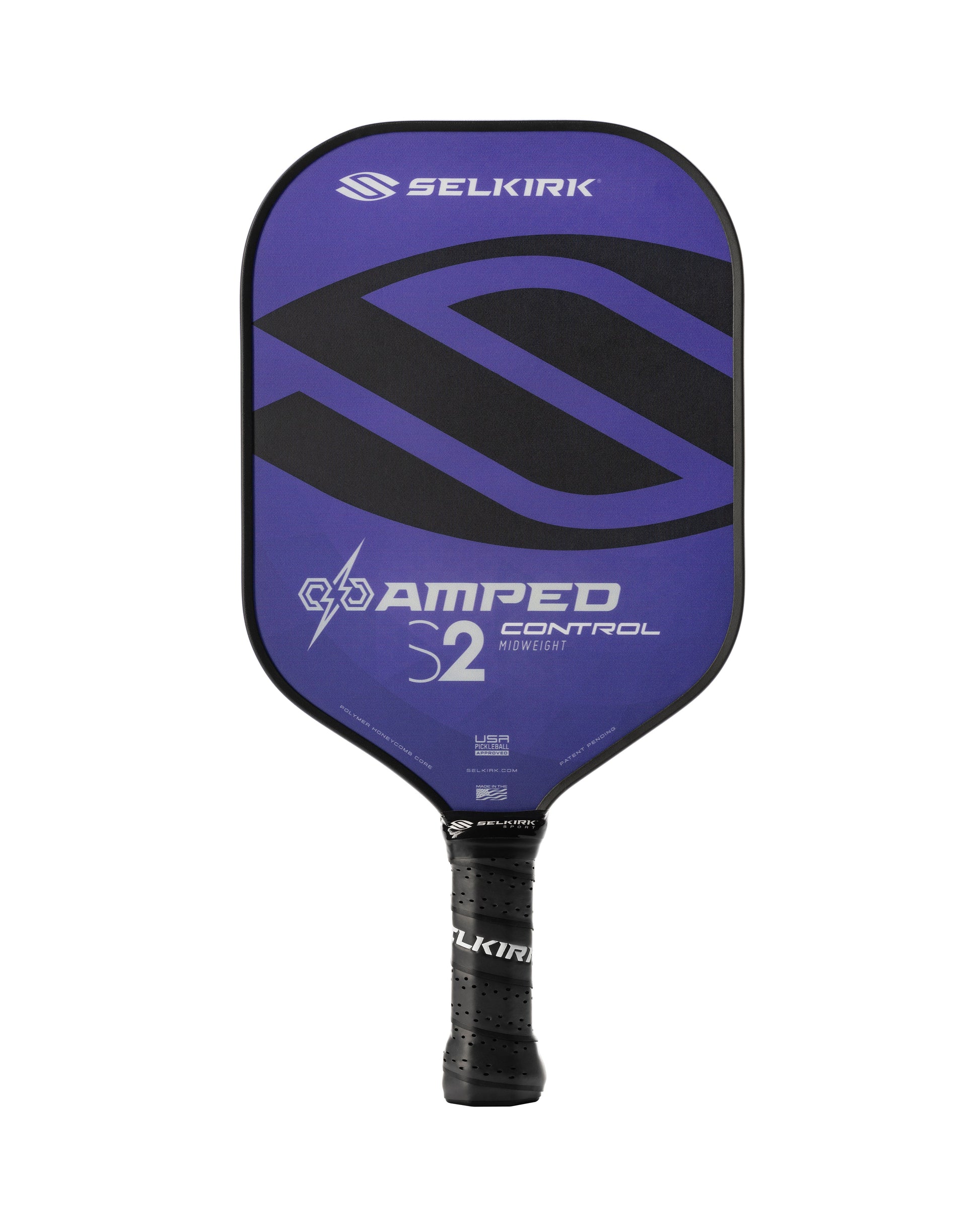 Purple and black Selkirk AMPED Control S2 16mm pickleball paddle with the "Selkirk" logo.