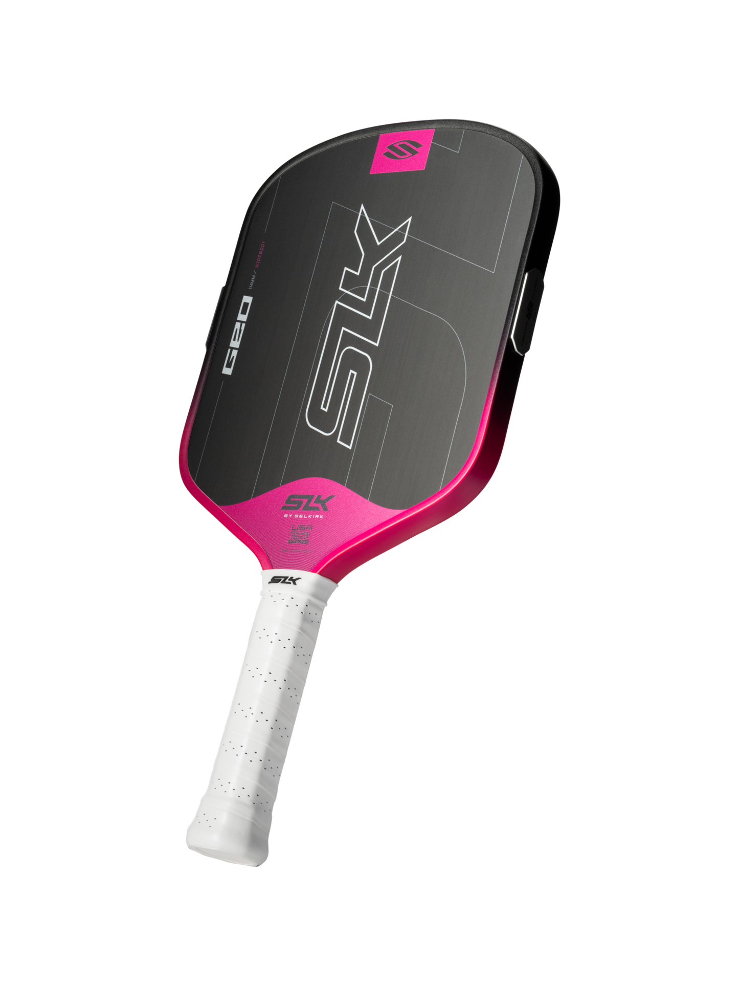 The Selkirk SLK GEO Widebody 14mm Pickleball Paddle, in black and pink with a white grip, is shown on a plain white background.