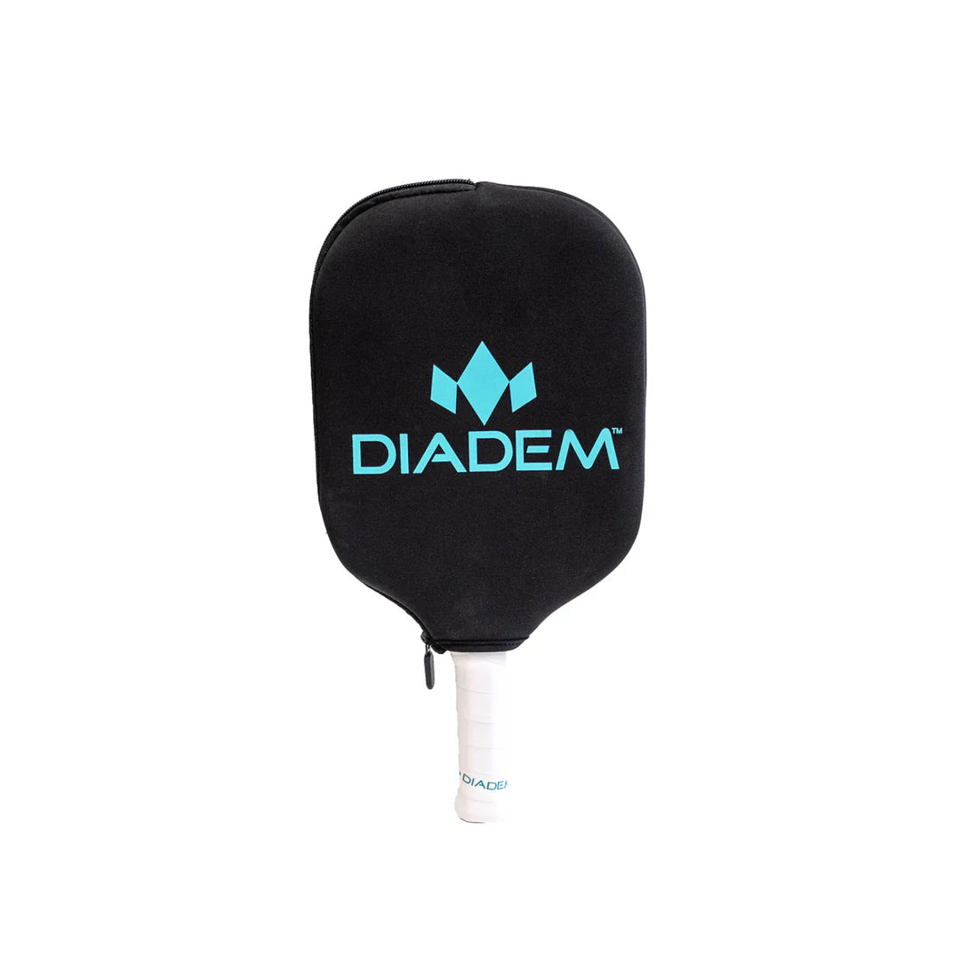 A Diadem Paddle Cover Pickleball Bag in black features the Diadem logo in blue and white, with the paddle's handle, wrapped in white grip tape, remaining visible.