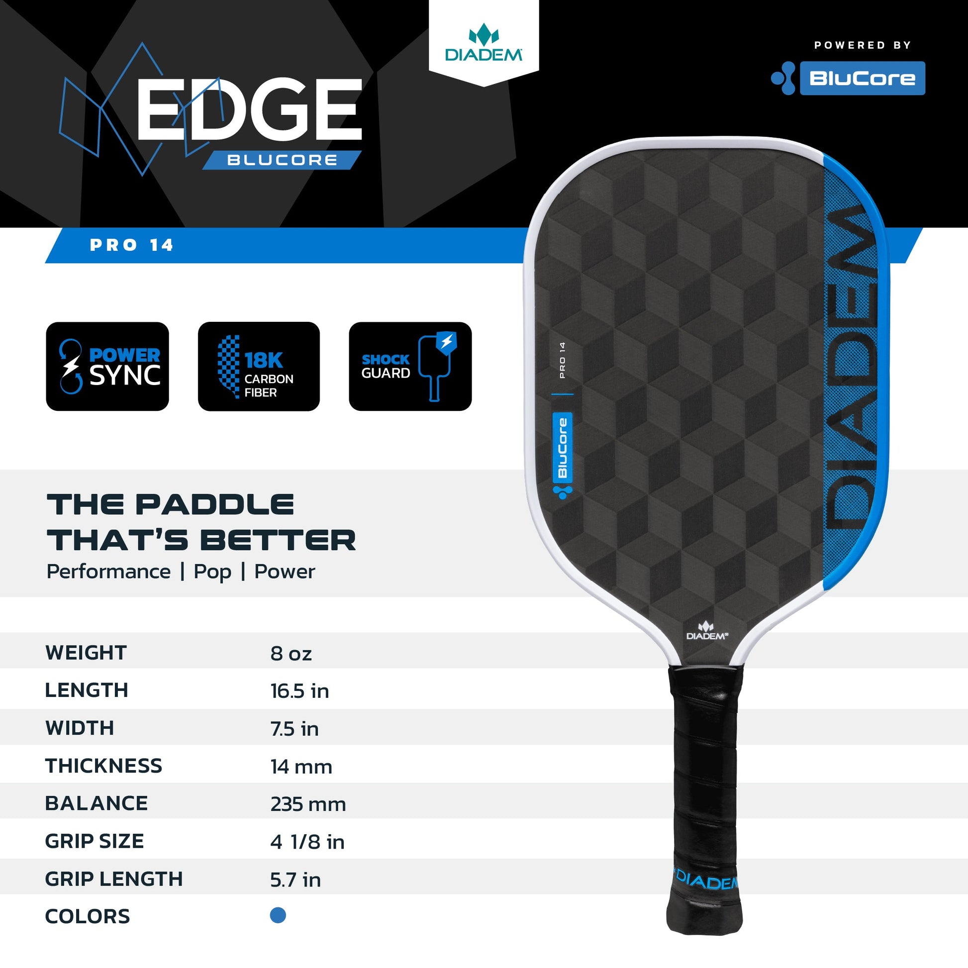 The Diadem Edge BluCore Pro 14mm Pickleball Paddle by Diadem is shown, highlighting its specs and features including weight, length, width, thickness (14mm), balance, grip size, and grip length.