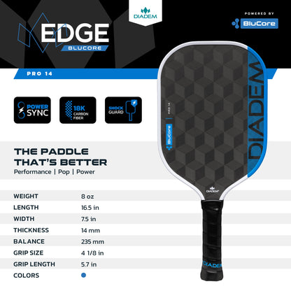 The Diadem Edge BluCore Pro 14mm Pickleball Paddle by Diadem is shown, highlighting its specs and features including weight, length, width, thickness (14mm), balance, grip size, and grip length.