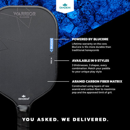 Close-up of the Diadem Warrior BluCore Max Widebody 16mm Pickleball Paddle by Diadem, featuring BluCore durability and aramid carbon fiber matrix construction in nine styles, showcased on a blue rock background.