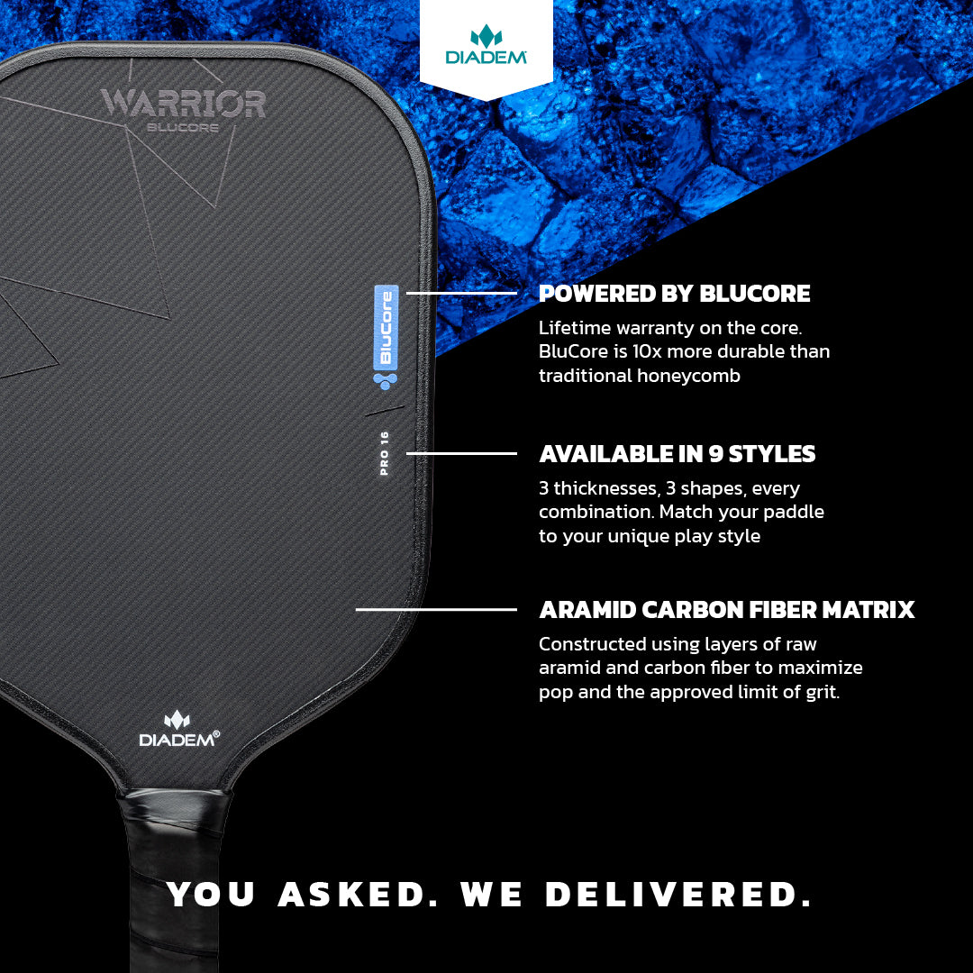 Close-up of the Diadem Warrior BluCore Standard Elongated 16mm Pickleball Paddle highlights its BluCore durability, 9 styles, aramid carbon fiber matrix, and the slogan, "You asked. We delivered." Ideal for top-tier performance.