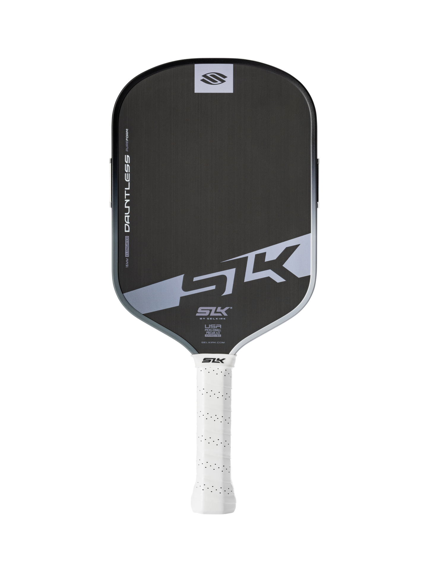 A Selkirk SLK Dauntless Elongated 16mm Pickleball Paddle in black and gray with a white perforated grip is shown against a plain white background.
