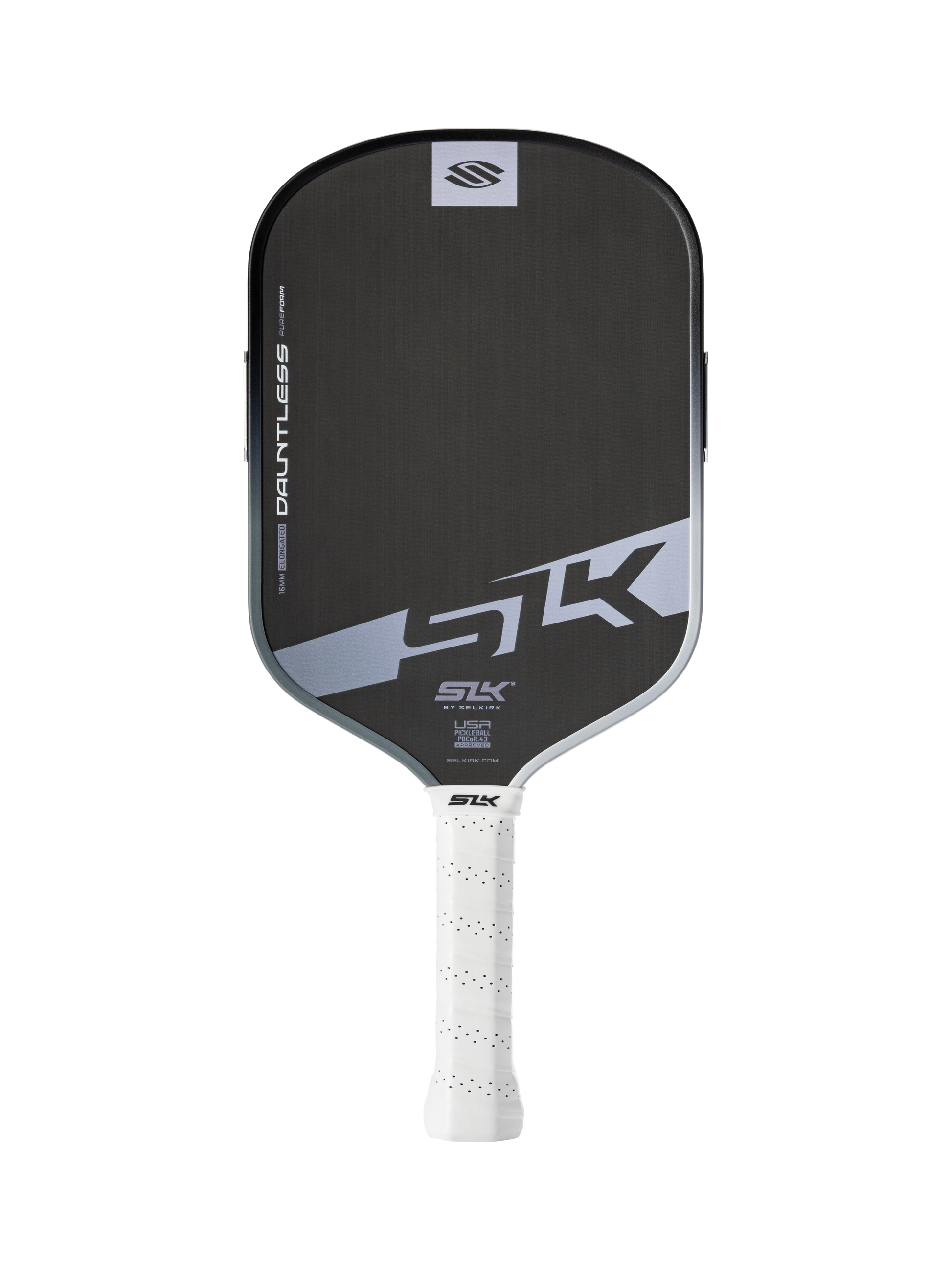 A Selkirk SLK Dauntless Elongated 16mm Pickleball Paddle in black and gray with a white perforated grip is shown against a plain white background.