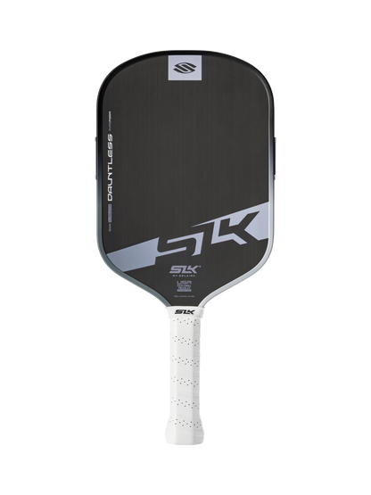 A Selkirk SLK Dauntless Elongated 16mm Pickleball Paddle in black and gray with a white perforated grip is shown against a plain white background.