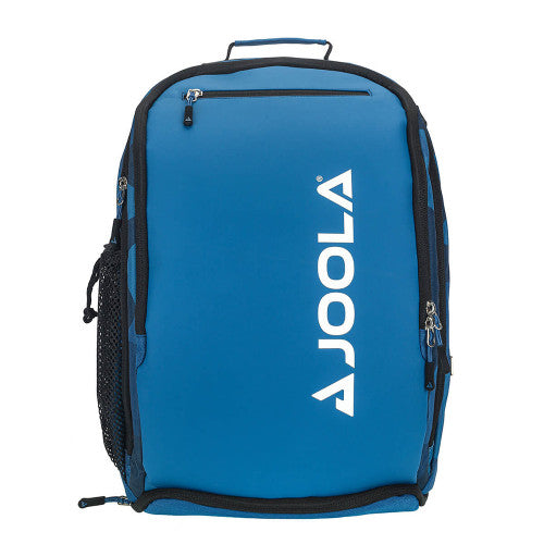 A blue JOOLA Vision II Backpack Deluxe Pickleball Bag with a front zipper pocket, side mesh pocket, and top handle.