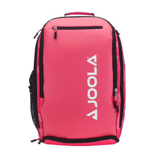 A pink JOOLA Vision II Backpack Deluxe Pickleball Bag with black zipper accents and the JOOLA logo in white on the front. The backpack features a side mesh pocket and a top handle.