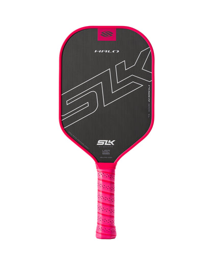 Selkirk SLK HALO XL Power 13mm Pickleball Paddle in black and pink, featuring a textured carbon fiber surface and a perforated grip.