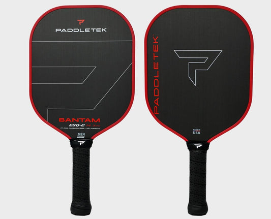 A pair of Paddletek Bantam ESQ-C 14.3mm Carbon Fiber pickleball paddles with black surfaces, red edges, and ergonomic grips displayed front and back.