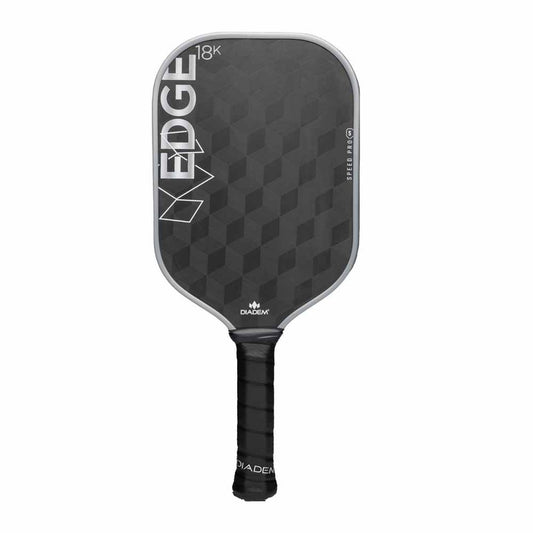 A Diadem Edge 18K Speed Pro Pickleball Paddle in black, featuring a textured surface, white text on the face, and a black grip handle.