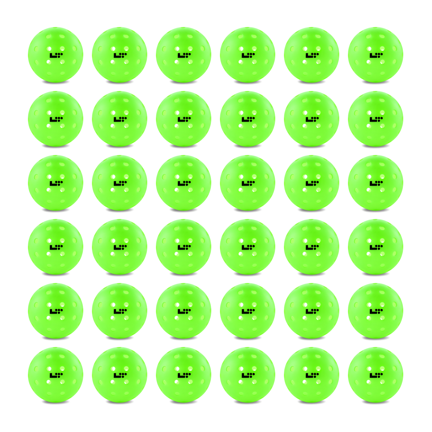 A grid of 25 Life Time LT Pro 48 Pickleball Balls by Life Time, each green with "L&P" in black text, is shown in five rows and five columns on a white background.